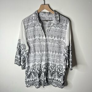 Chico's Black and White Paisley Embroidered Button Down Shirt size 3 Floral